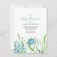 Invitation Baby shower bleu et vert de la tortue d