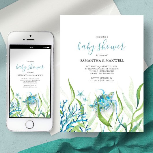 Invitation Baby shower bleu et vert de la tortue d