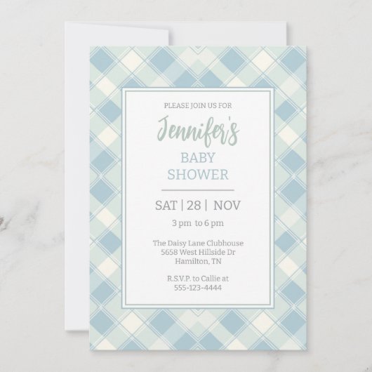 Invitation Baby shower bleu et vert poussiéreux (Devant)