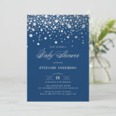 Invitation Baby shower bleu Faux Argent Foil Confetti Dots (Debout devant)