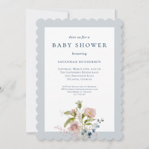 Invitation Baby shower bleu Fleur sauvage Aquarelle classique