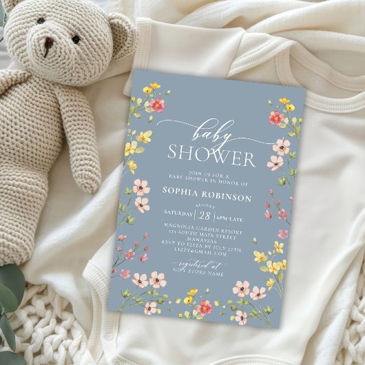 Invitation Baby shower Bleu Fleur sauvage de Bohême