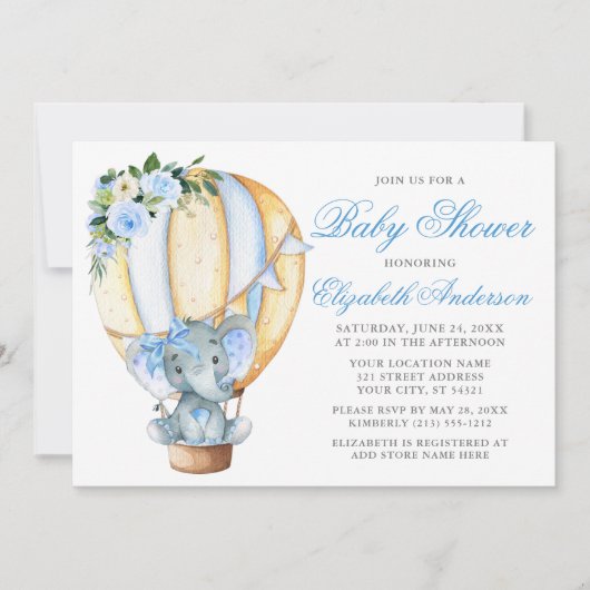 Invitation Baby shower Bleu Floral Balloon Elephant Bow (Devant)