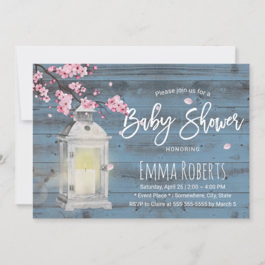 Invitation Baby shower bleu foncé cerise en fleurs (Devant)
