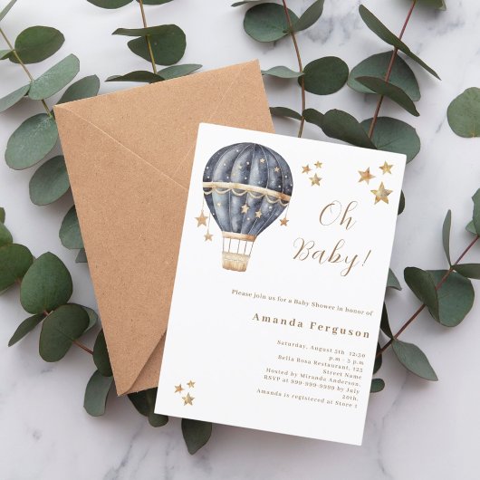 Invitation Baby shower bleu garçon étoiles montgolfière