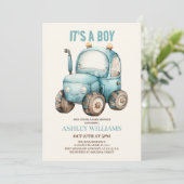 Invitation Baby shower Bleu Garçon tracteur (Debout devant)