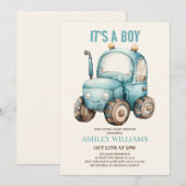 Invitation Baby shower Bleu Garçon tracteur (Devant / Derrière)