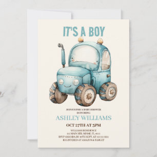 Invitation Baby shower Bleu Garçon tracteur