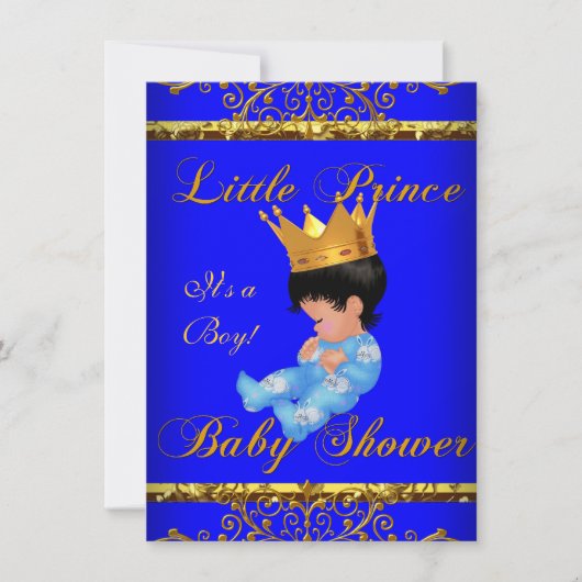 Invitation Baby shower Bleu Gold Boy Prince Crown 3 (Devant)