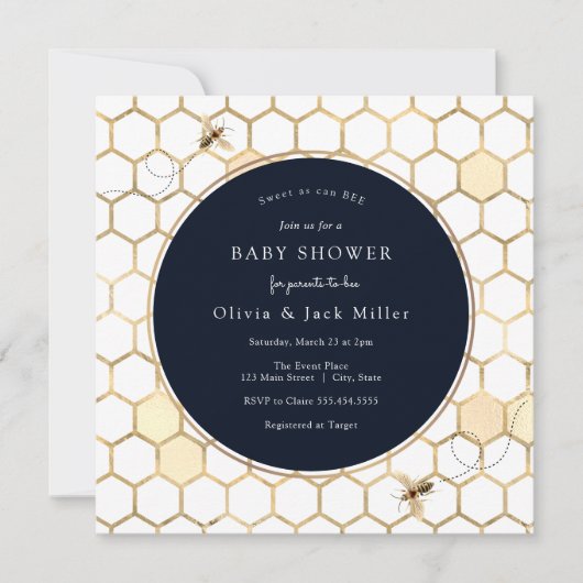 Invitation Baby shower bleu Golden Bee Navy (Devant)
