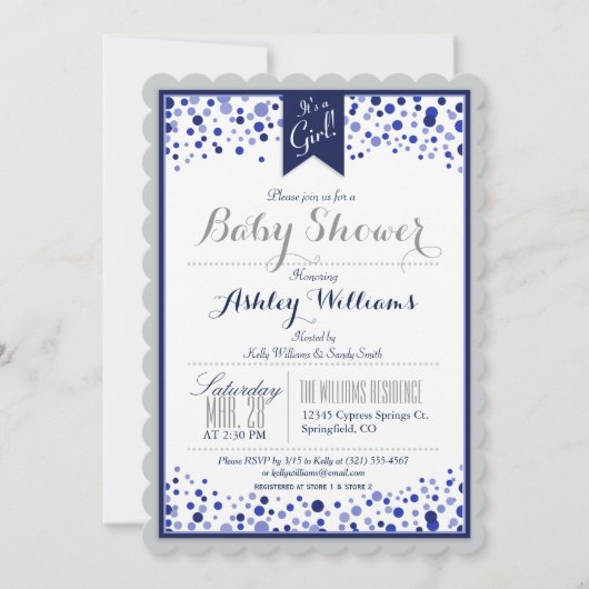 Invitation Baby shower bleu gris, argent, blanc et marine (Devant)