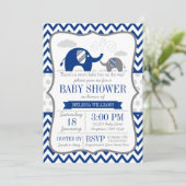 Invitation Baby shower bleu gris de la marine éléphante (Debout devant)