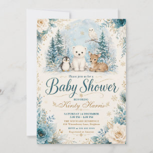 Invitation Baby Shower Bleu Hivernal en Forêt