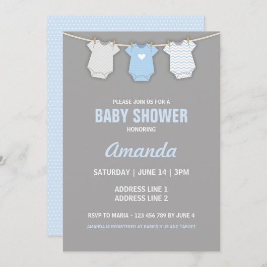 Invitation Baby shower Bleu Invitation, Thème Clothesline (Devant / Derrière)