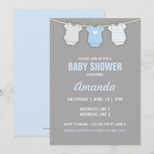 Invitation Baby shower Bleu Invitation, Thème Clothesline