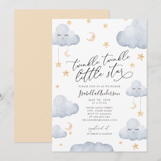 Invitation Baby shower bleu jaune Twinkle Little Star (Devant / Derrière)