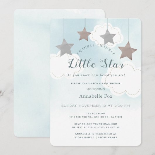 Invitation Baby shower bleu Little Star Twinkle (Devant / Derrière)