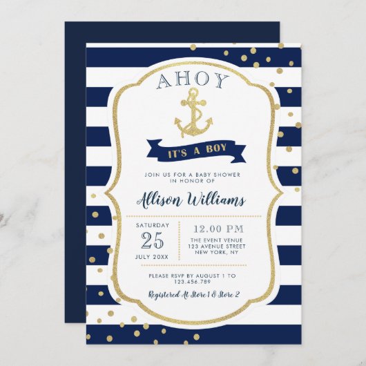 Invitation baby shower bleu marine (Devant / Derrière)