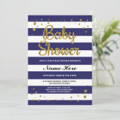 Invitation Baby shower Bleu Marine Bande or Parties scintilla (Debout devant)