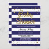 Invitation Baby shower Bleu Marine Bande or Parties scintilla (Devant / Derrière)