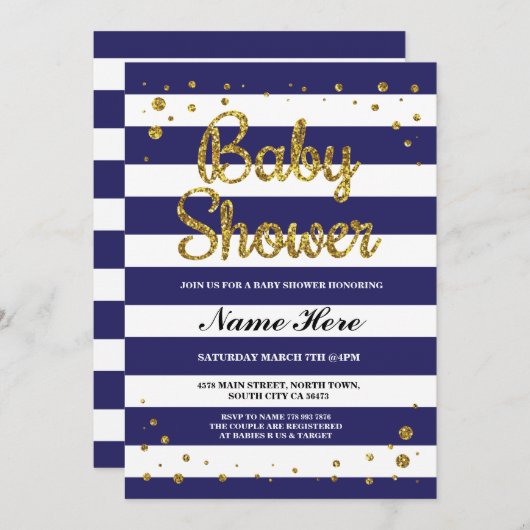 Invitation Baby shower Bleu Marine Bande or Parties scintilla (Devant / Derrière)