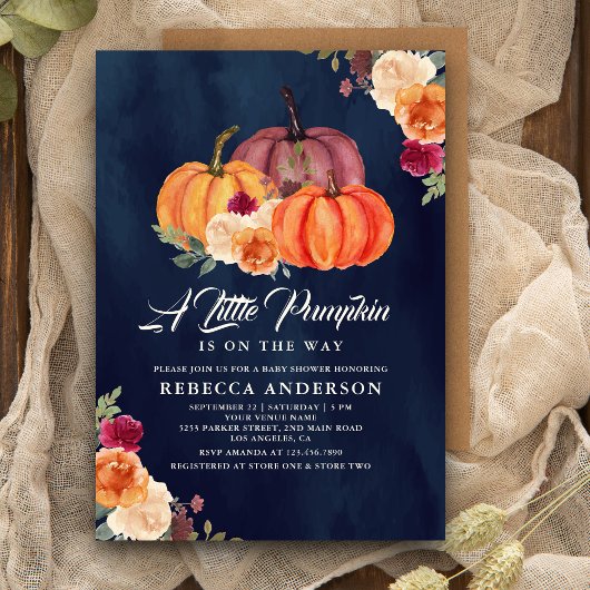 Invitation Baby shower bleu marine Citrouille orange brûlé