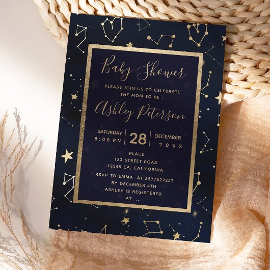 Invitation Baby shower bleu marine de la constellation d'or