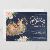 Invitation Baby shower bleu marine de maman et bébé cerf (Devant)