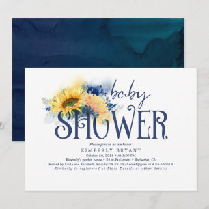 Invitation Baby shower bleu marine élégant des tournesols jau