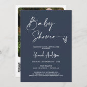 Invitation Baby shower bleu marine moderne simple QR Code pho (Devant / Derrière)