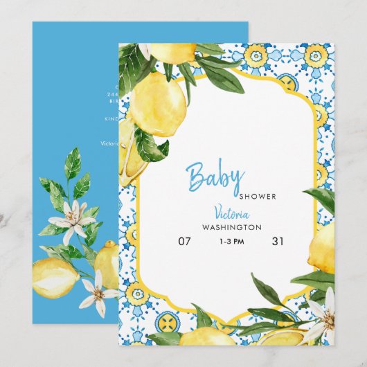 Invitation Baby shower bleu méditerranéen tropical (Devant / Derrière)