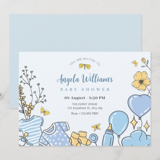 Invitation Baby shower bleu mignon (Devant / Derrière)