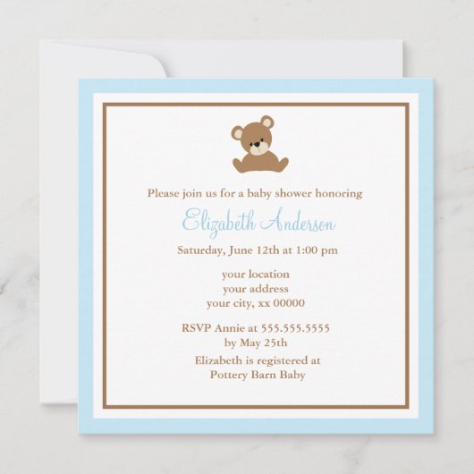 Invitation Baby shower bleu mignon d'ours (Devant)