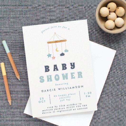 Invitation Baby shower bleu mobile moderne Crib