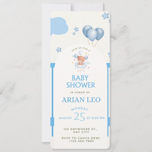 Invitation Baby shower bleu - Modèle modifiable (Devant)