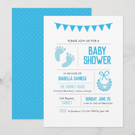 Invitation Baby shower bleu moderne garçon (Devant / Derrière)
