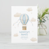 Invitation Baby shower bleu montgolfière aventure (Debout devant)