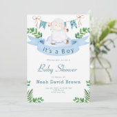 Invitation Baby shower bleu mou (Debout devant)