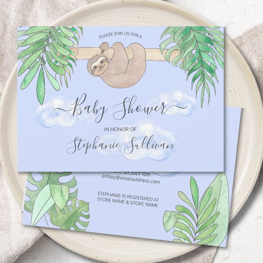 Invitation Baby shower bleu mou pour bébé Sloth Blue