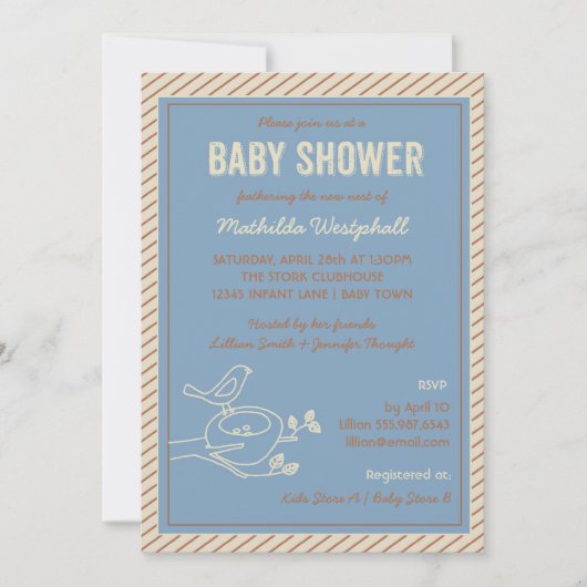 Invitation Baby shower bleu nid d'oiseaux (Devant)