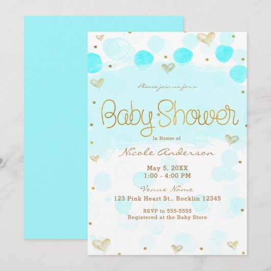 Invitation Baby Shower Bleu Or Blanc Points et Cœurs (Devant / Derrière)