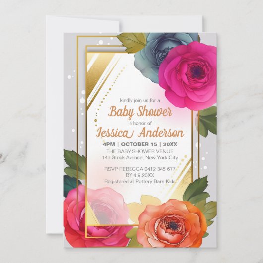 Invitation Baby shower bleu orange rose Floral Gold Frame (Devant)