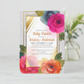 Invitation Baby shower bleu orange rose Floral Gold Frame (Debout devant)