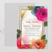 Invitation Baby shower bleu orange rose Floral Gold Frame (Devant / Derrière)