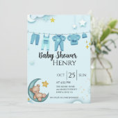 Invitation baby shower bleu ours en peluche (Debout devant)