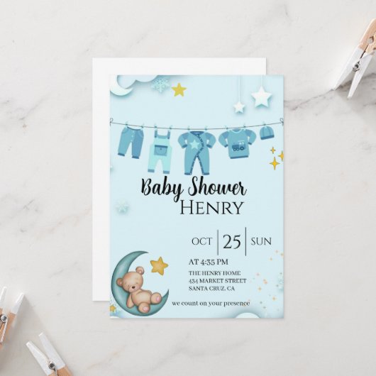 Invitation baby shower bleu ours en peluche (Devant/Arrière en situation)