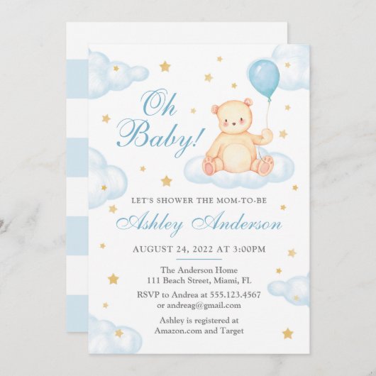 Invitation Baby shower Bleu Ours Teddy (Devant / Derrière)