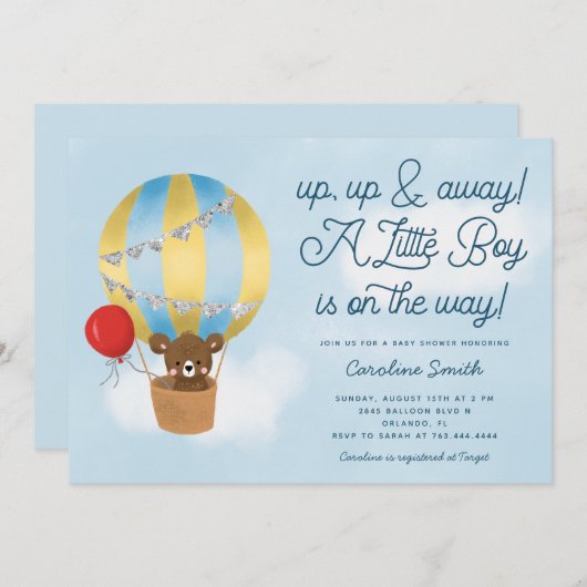 Invitation Baby shower Bleu Ours Teddy à air chaud (Devant / Derrière)