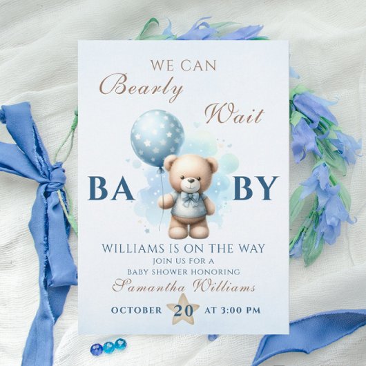 Invitation Baby shower Bleu Ours Teddy Bearly