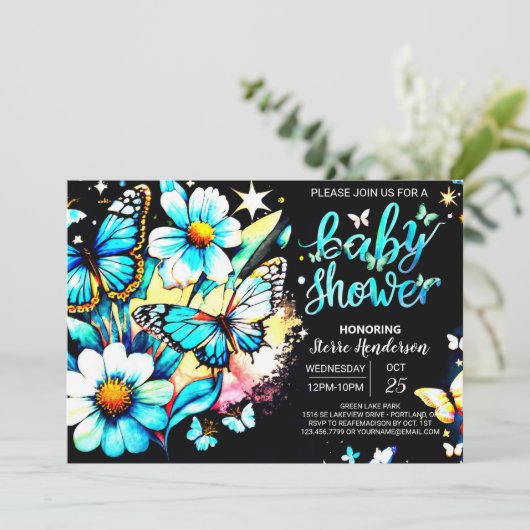 Invitation Baby shower Bleu papillon personnalisé garçon (Debout devant)